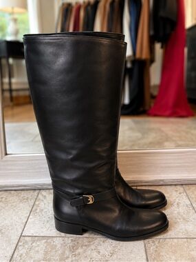 Black Leather Knee-High Riding Boots with Gold Buckle vintage